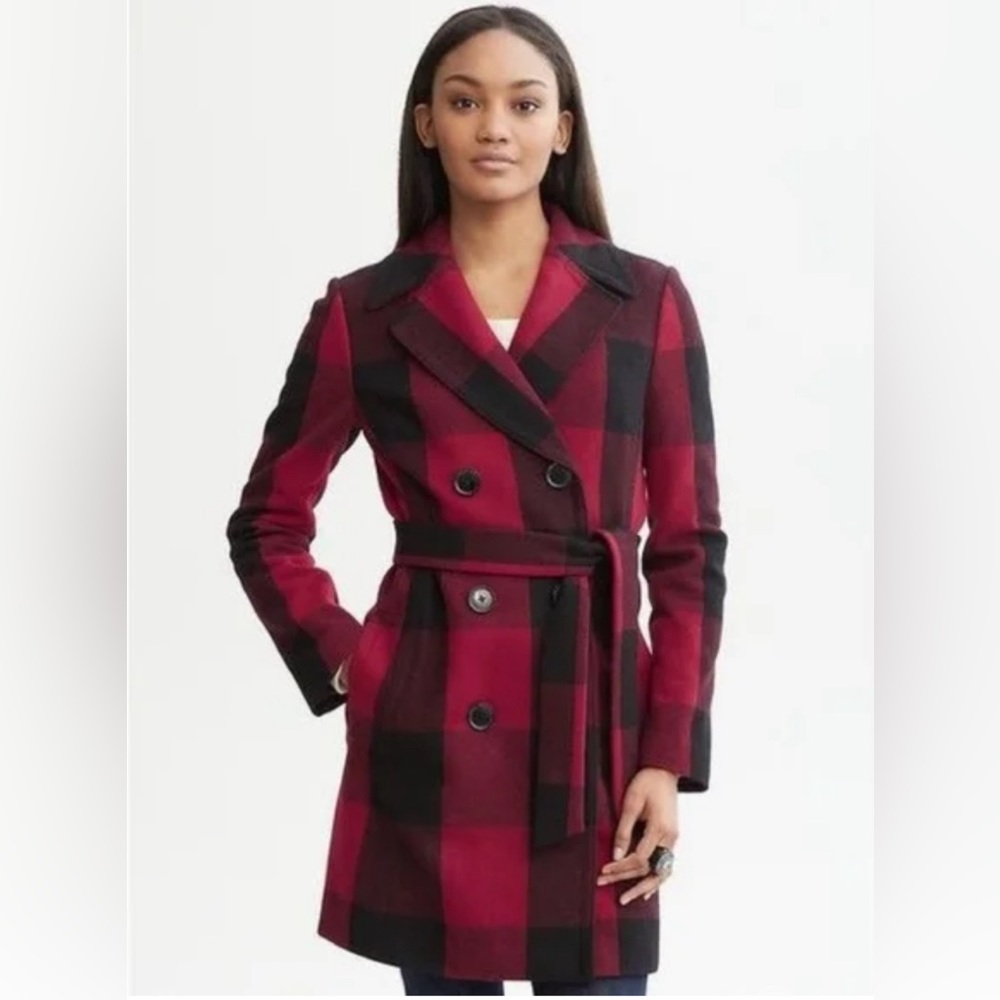 Banana Republic Italian Black and Red Plaid Belted Trench Coat